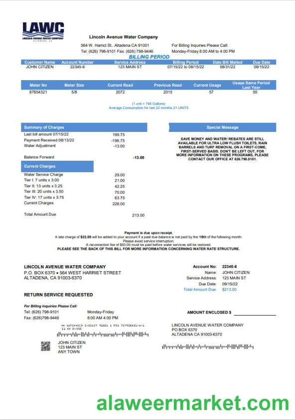 USA California Lincoln Avenue Water Company utility bill template in Word and PDF format